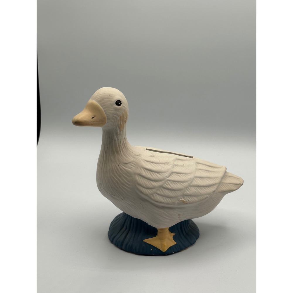 Vintage Ceramic Duck Piggy Bank White Blue Base Made in Taiwan Republic of China